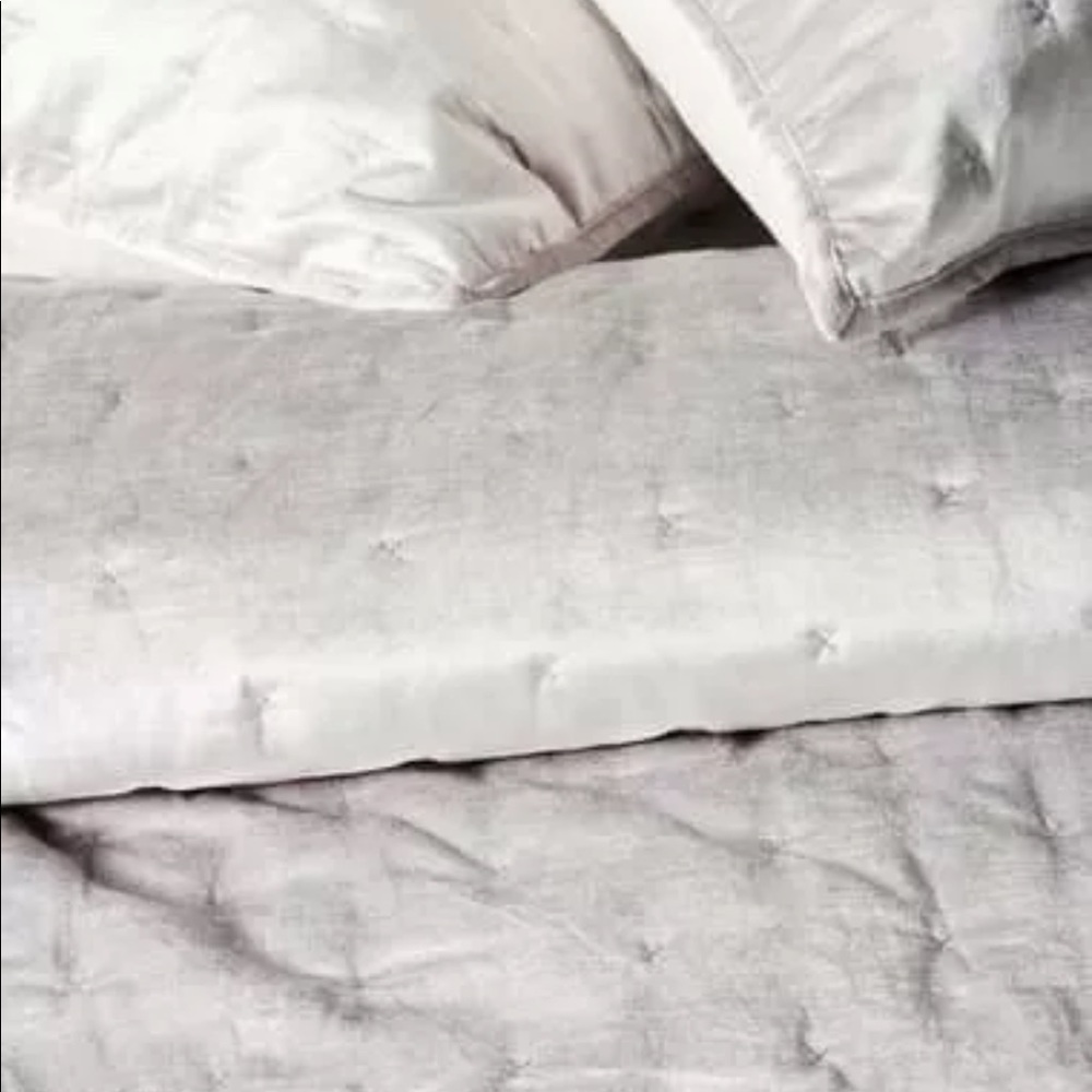 Anthropologie Velvet Cross Stitched Queen Quilt Grey